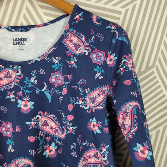 NEW Lands End Shirt Dress Medium Petite casual Stretch Cotton Navy Paisley Pink - Picture 2 of 5